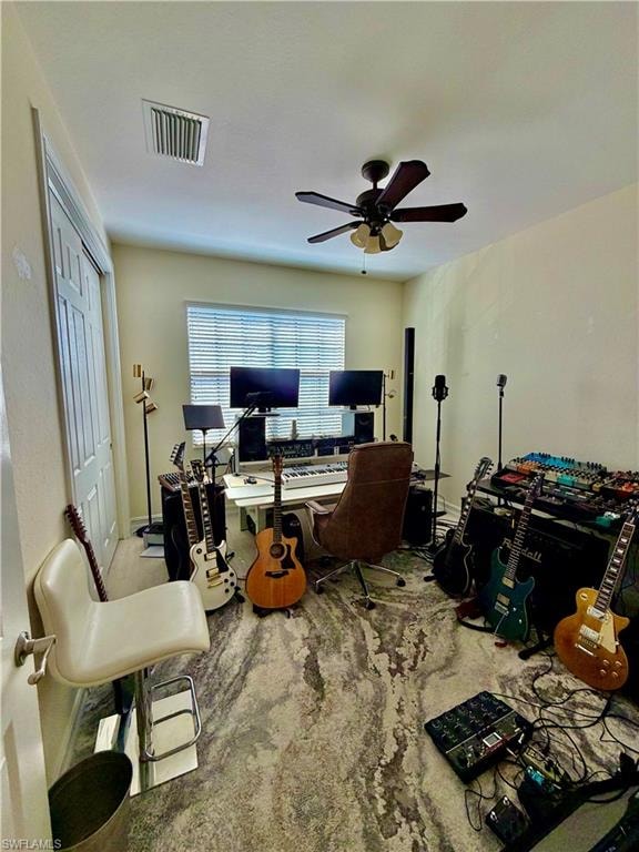 View of carpeted home office