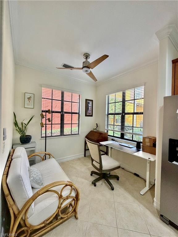 Home office with ornamental molding, light tile patterned floors, and a ceiling fan