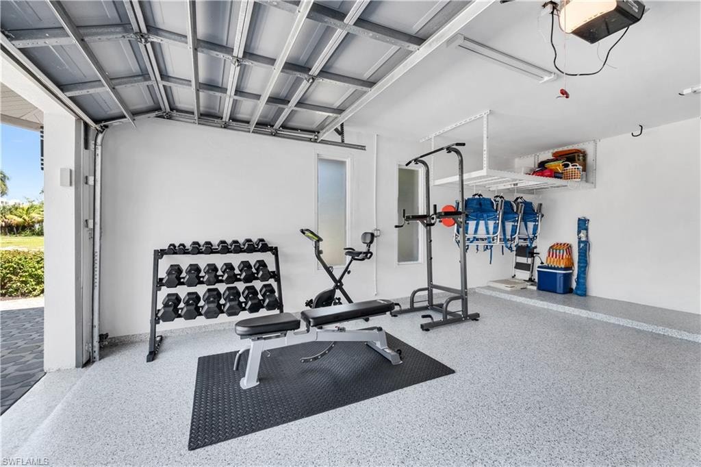 Workout room with a garage