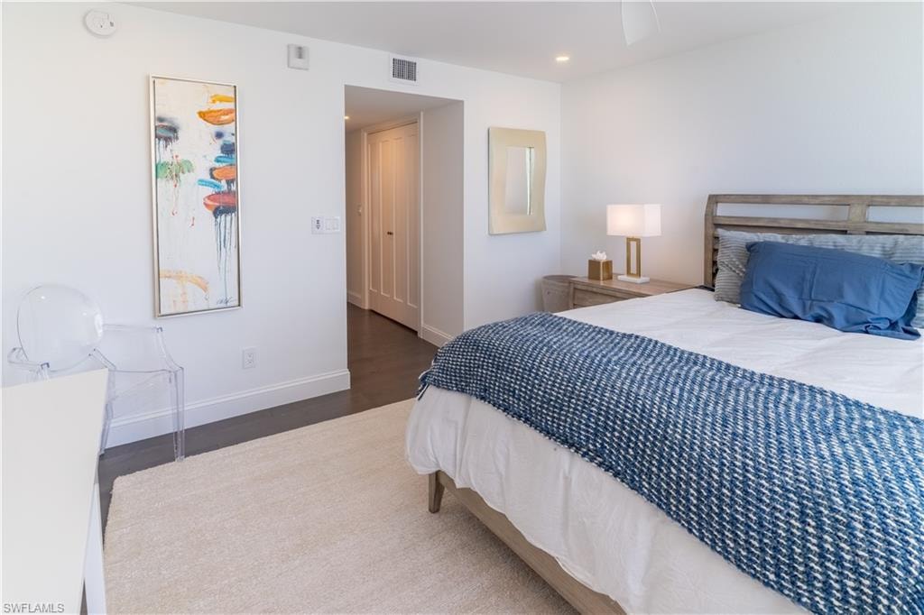 Bedroom featuring wood finished floors, recessed lighting, and ceiling fan
