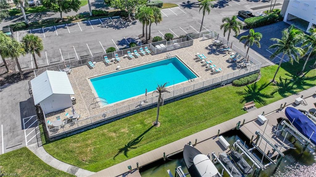 Drone / aerial view of a pool area