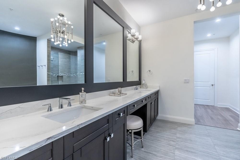 Primary bath double sink, sit down vanity