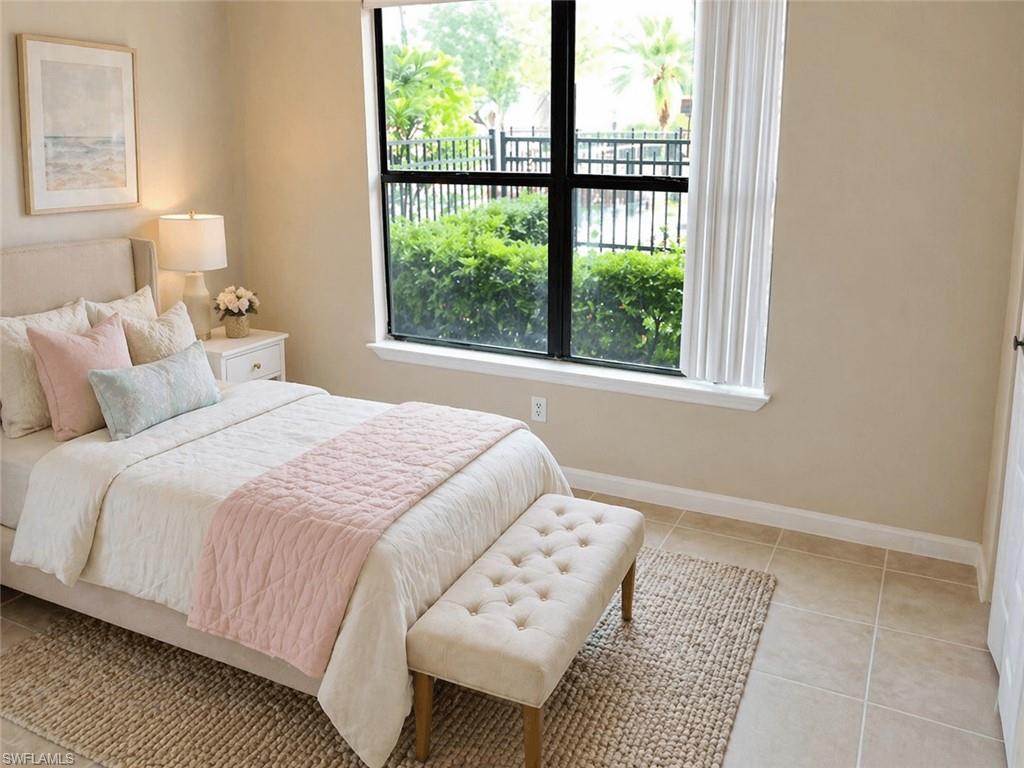 Bedroom featuring a large black-framed window with white blinds, beige wall paint, and light-colored tile flooring