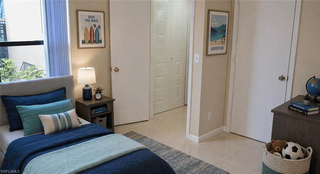 Neutral tone walls complement the light-colored tile flooring