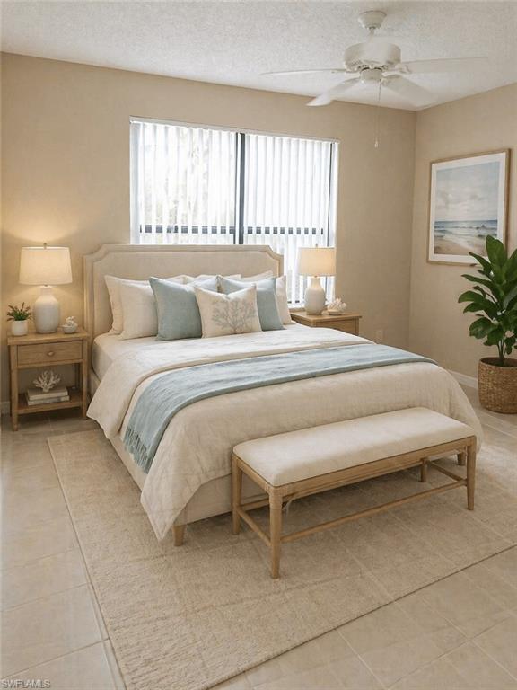 Spacious room featuring neutral wall tones, large window with vertical blinds, ceiling fan, and tile flooring