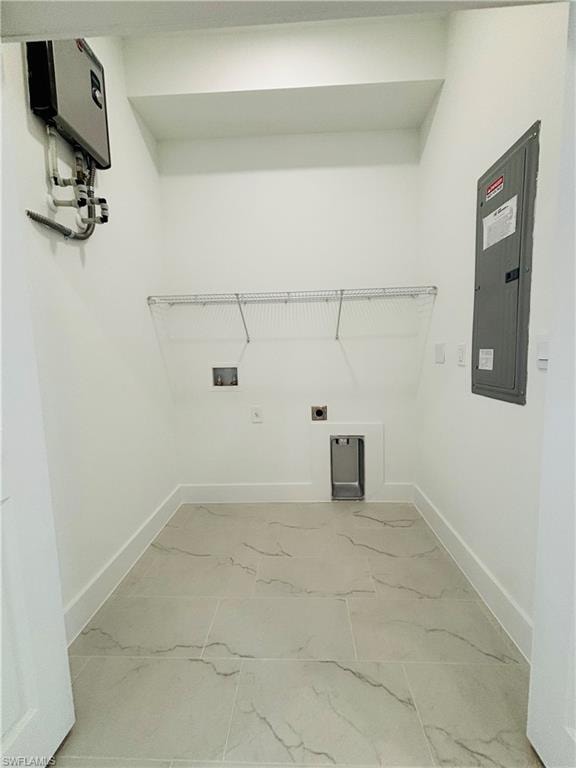 Washroom with hookup for a washing machine, light marble finish flooring, hookup for an electric dryer, electric panel, and water heater