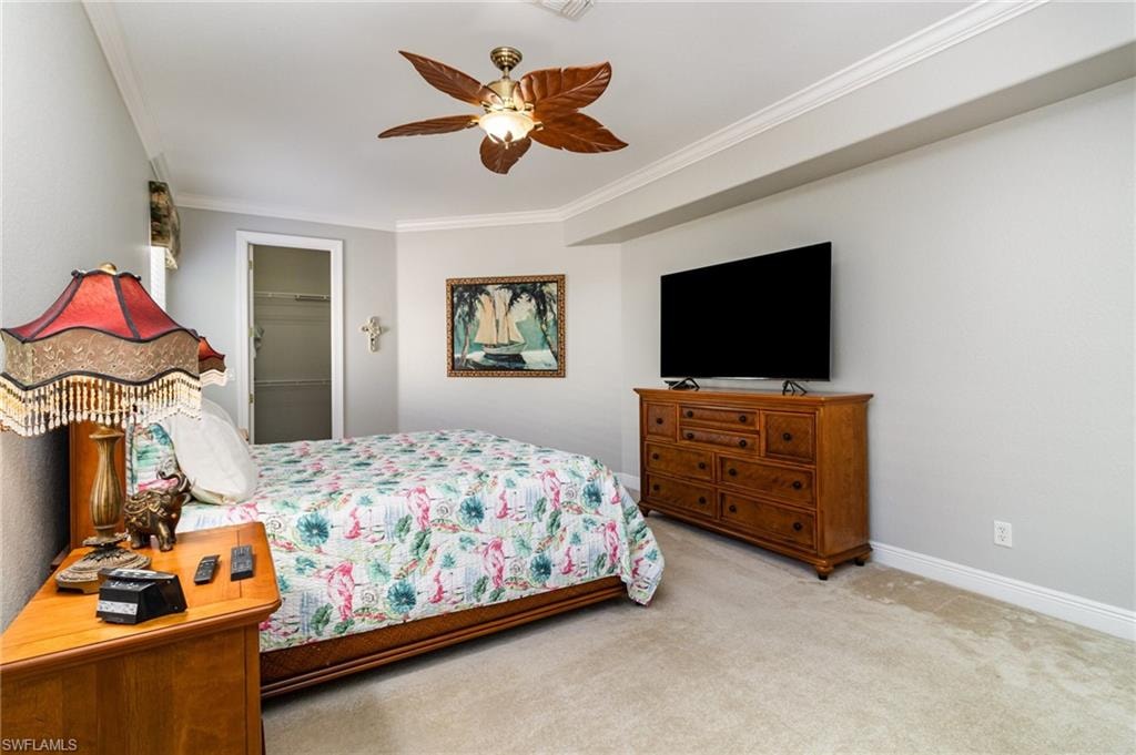 Carpeted bedroom with crown molding, a ceiling fan, and a spacious closet