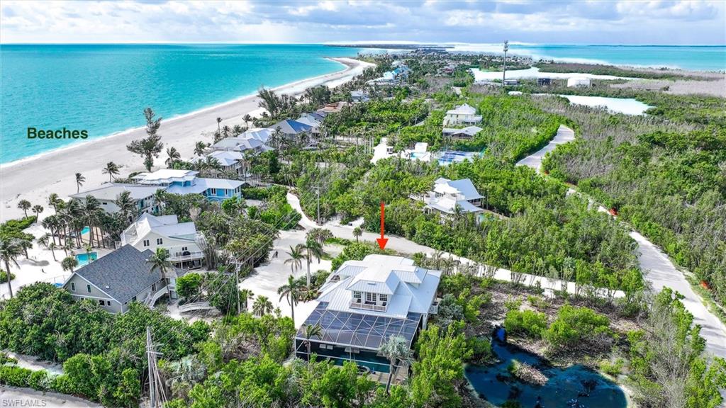 Aerial view of residential area with expansive coastline
