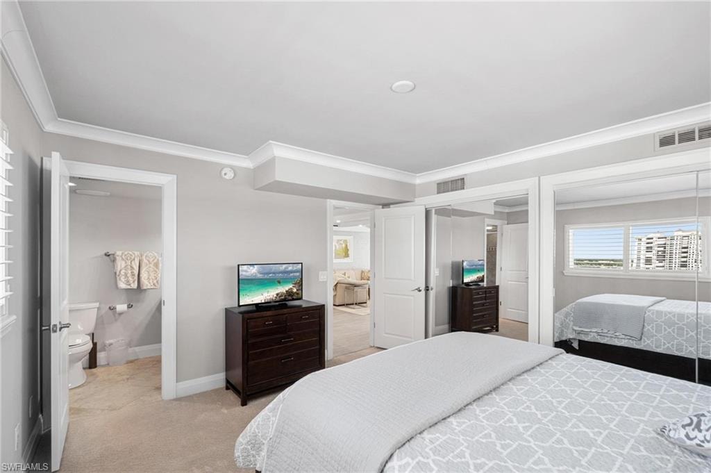 Carpeted bedroom with crown molding and multiple closets