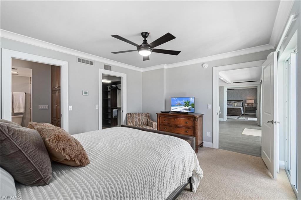 Bedroom with crown molding, a walk in closet, carpet, connected bathroom, and ceiling fan