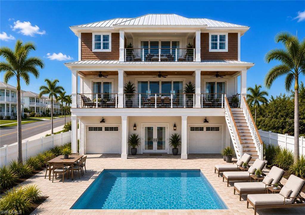 RENDERING - Coastal Modern residence featuring a three-story brick and composite exterior with metal roof, dual two-car garages, and a resort-style saltwater pool with integrated spa lounging area