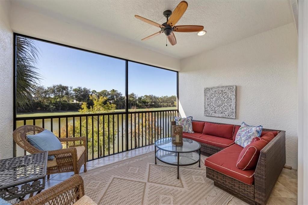 Screened in lanai overlooking pond and golf course