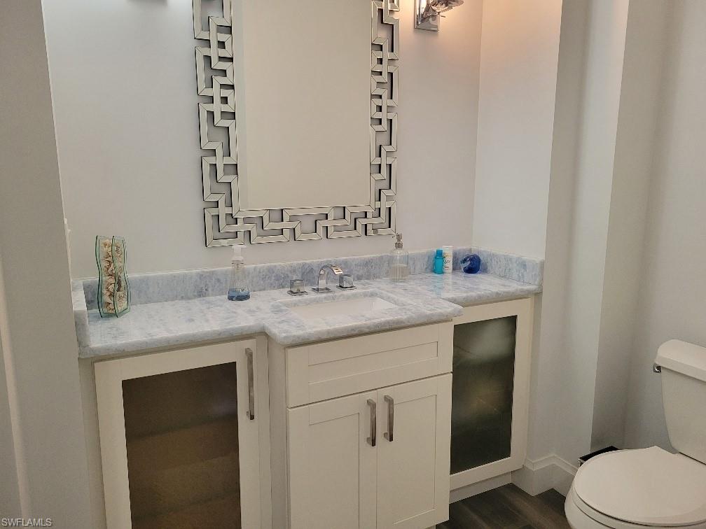 Bathroom with vanity and dark wood-type flooring