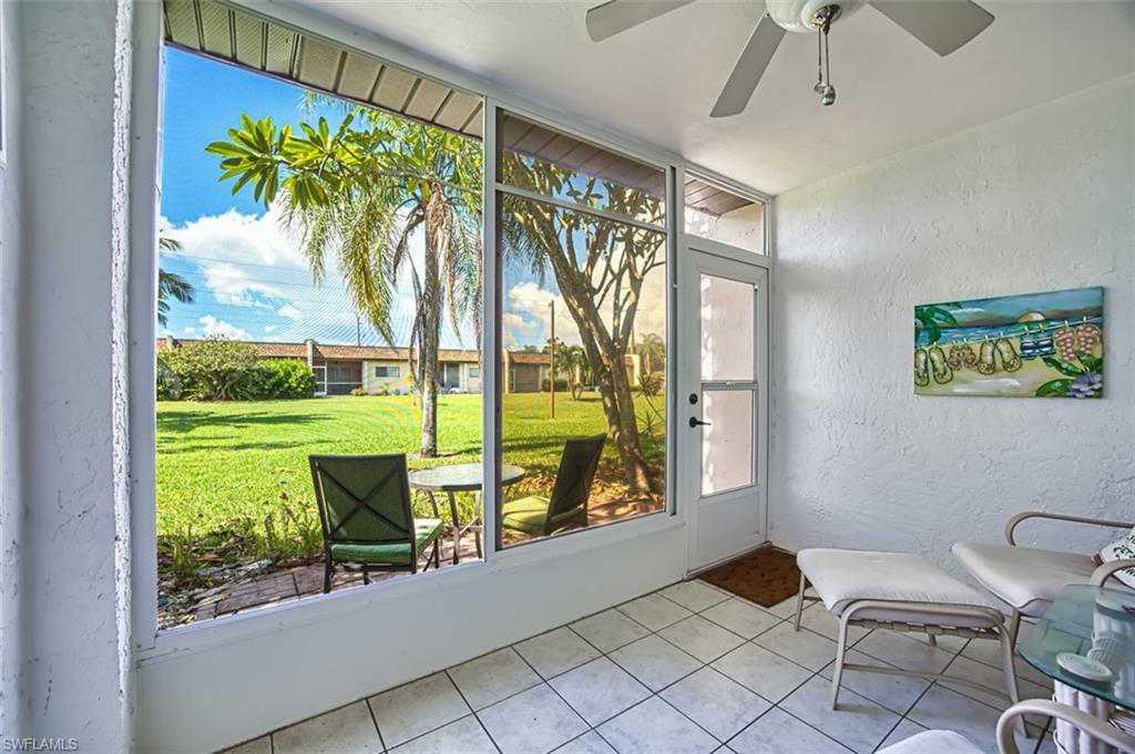 Living room with tile laid on a diagonal