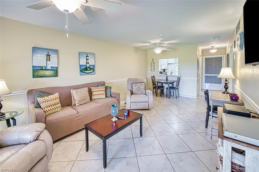 Living area with tile set on a diagonal