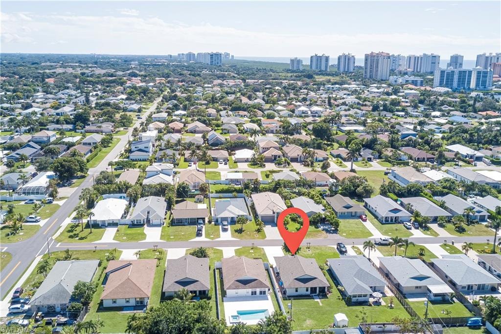 Aerial overview of property's location featuring skyline