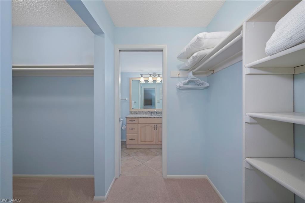 Walk in closet featuring light carpet
