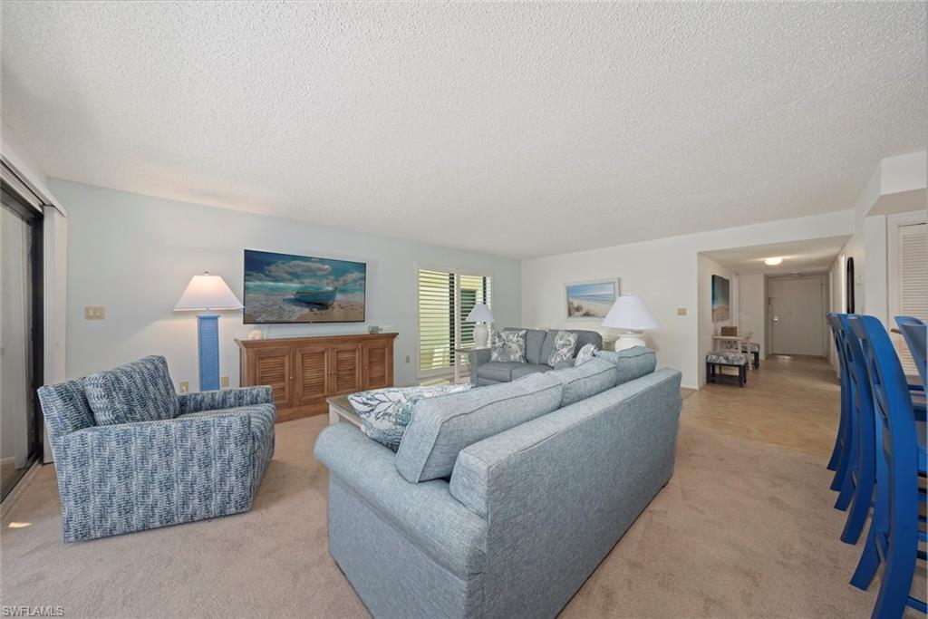 Living room with carpet and a textured ceiling