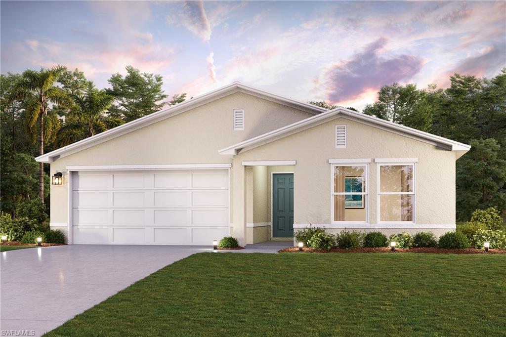 Ranch-style house featuring stucco siding, an attached garage, concrete driveway, and a lawn