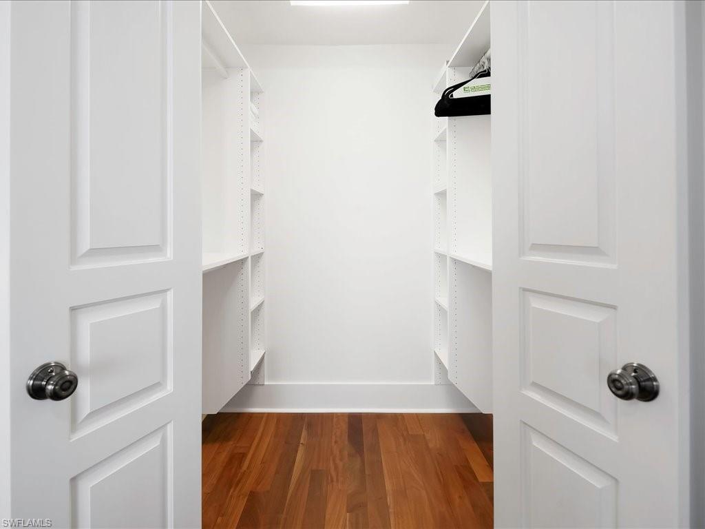 Spacious closet with dark wood-style flooring