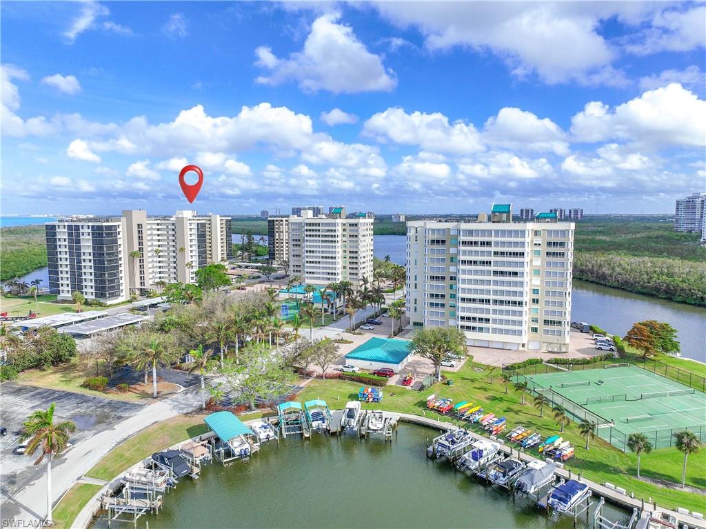 Aerial view featuring a water view