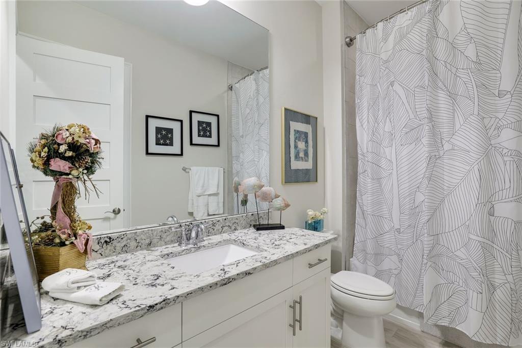 Bathroom featuring vanity, wood-type flooring, and toilet