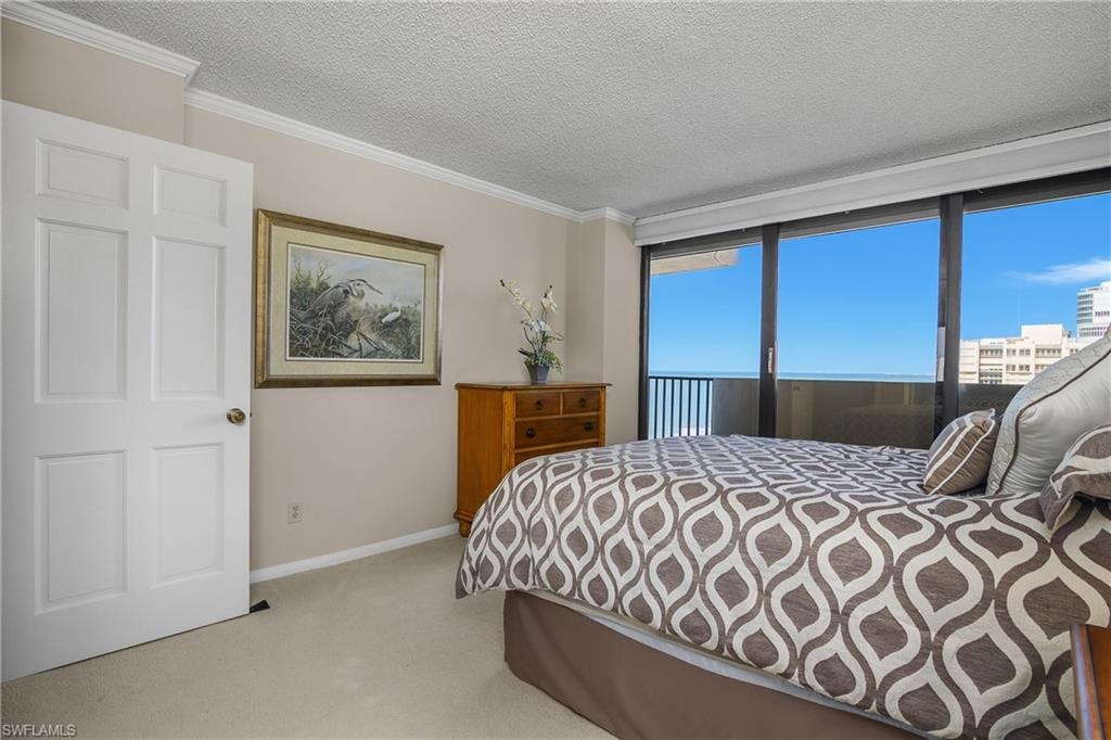 Bedroom with a textured ceiling, light colored carpet, crown molding, and access to balcony