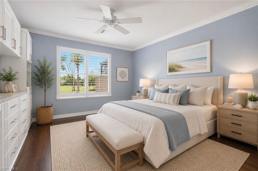 AI generated image of master bedroom featuring wood-finish flooring, white built-in cabinetry with silver hardware, a ceiling fan, and white plantation shutters