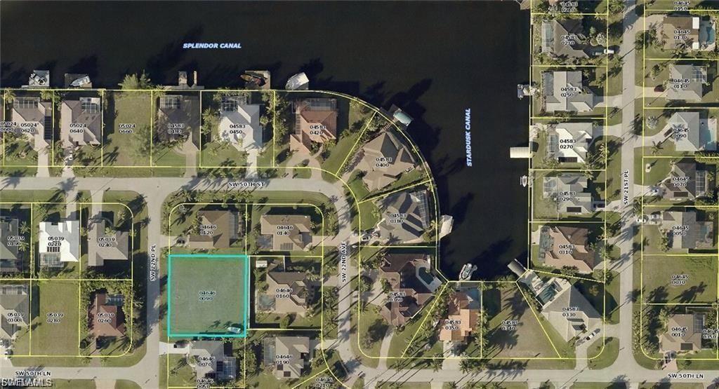 Aerial map of property and surrounding area featuring property boundaries highlighted