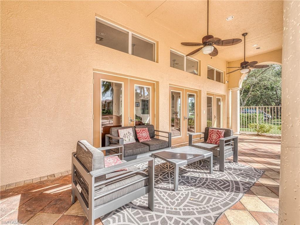 View of patio / terrace with french doors, ceiling fan, and outdoor lounge area