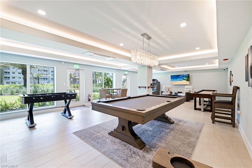 Playroom with billiards and recessed lighting