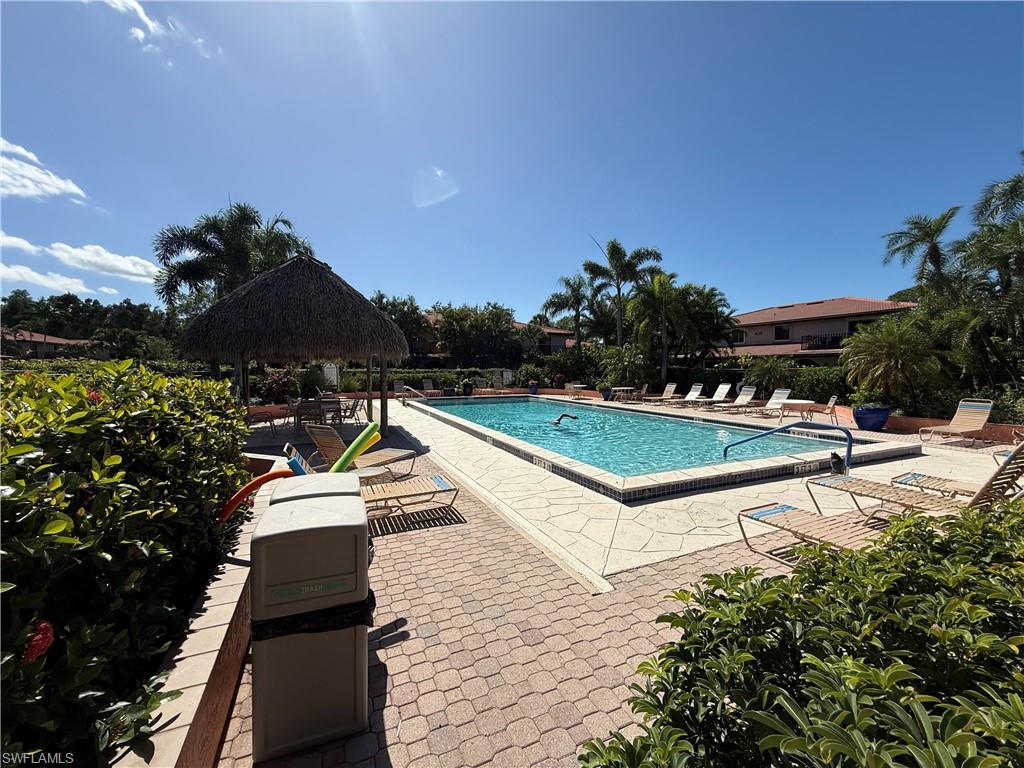 Community pool with a patio area and grilling area