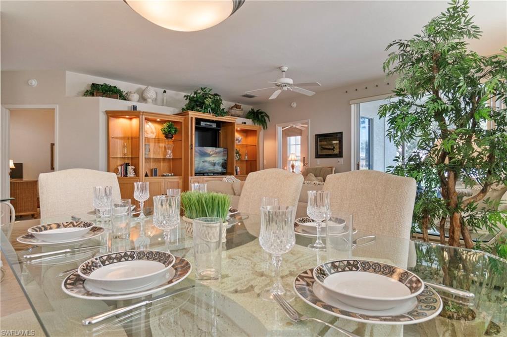 Dining space with a ceiling fan