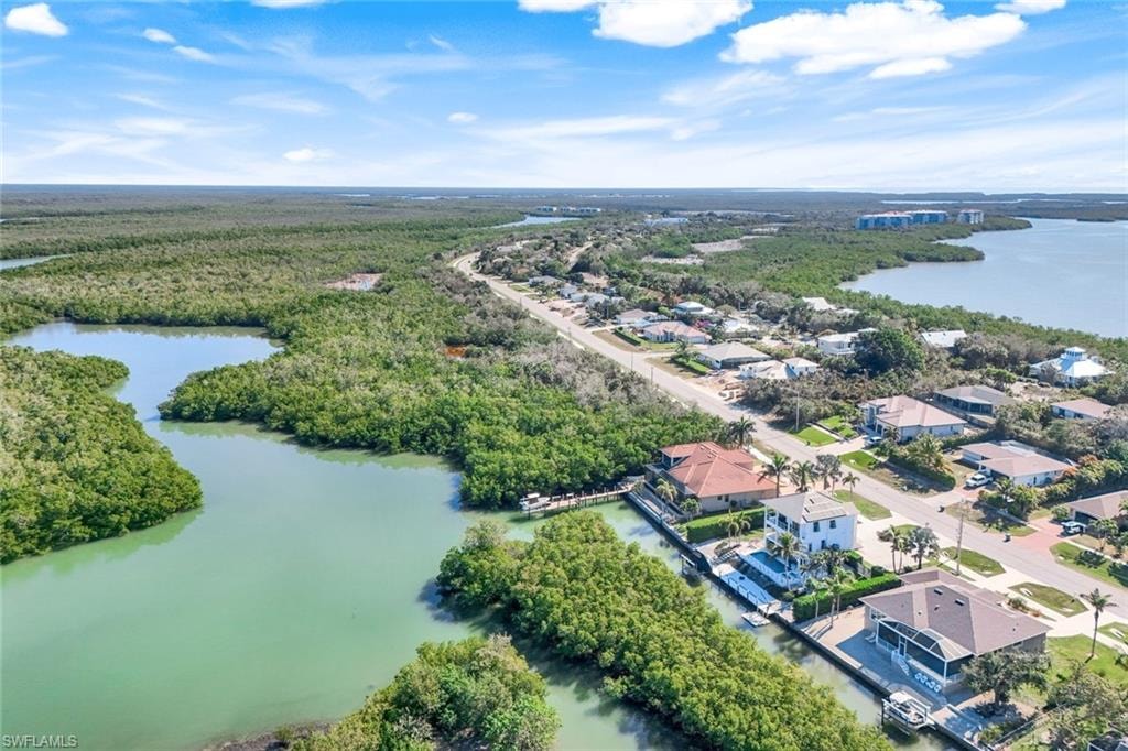 Aerial perspective of suburban area with a nearby body of water and a forest