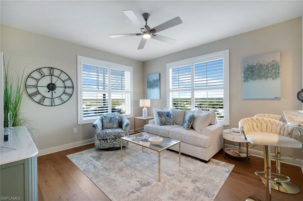 Spacious living room next to kitchen