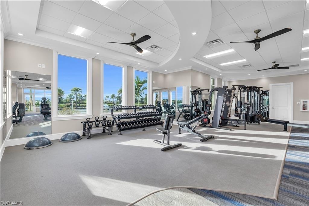 Exercise room featuring ceiling fan and a paneled ceiling