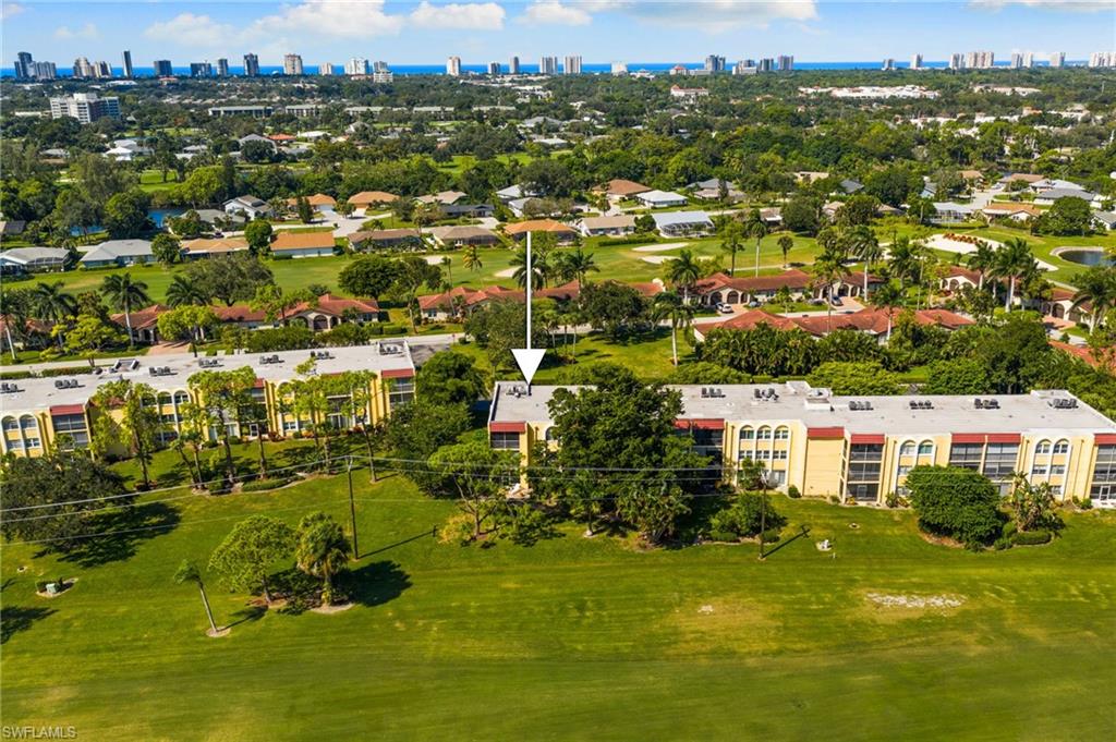 Aerial view of skyline and a local golf course