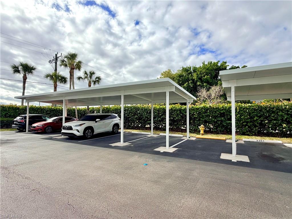 Covered parking structure featuring multiple parking spaces, asphalt paving, and a surrounding hedge row