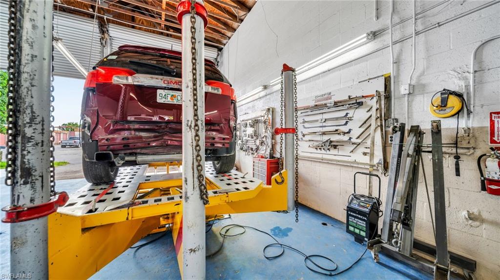 Garage with concrete block wall