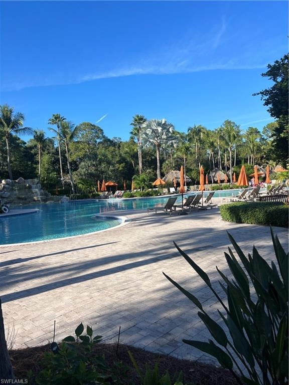Community pool featuring a patio and view of scattered trees