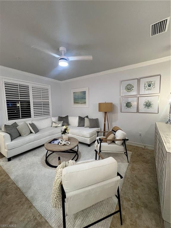Living room with crown molding and a ceiling fan