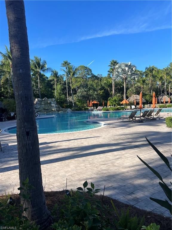 Community pool featuring a patio and view of scattered trees