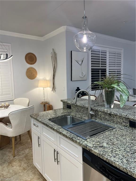 Kitchen featuring light stone countertops, crown molding, white cabinets, dishwasher, and pendant lighting