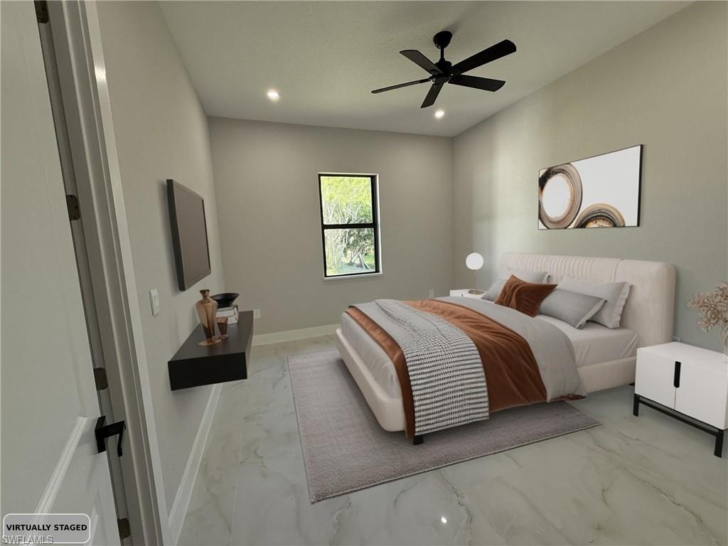 Bedroom with marble look tiles, ceiling fan, and recessed lighting