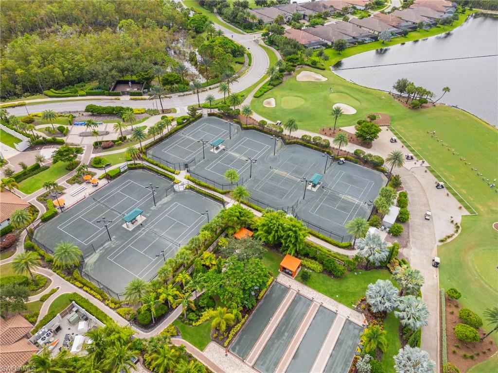 Bird's eye view of a nearby body of water and a golf course