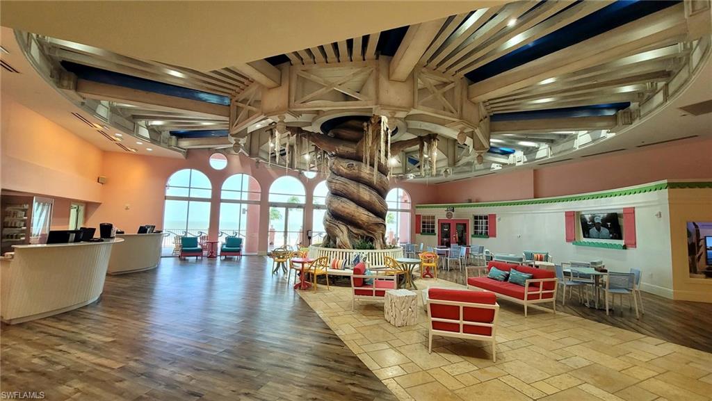 Community lobby with a towering tree ceiling