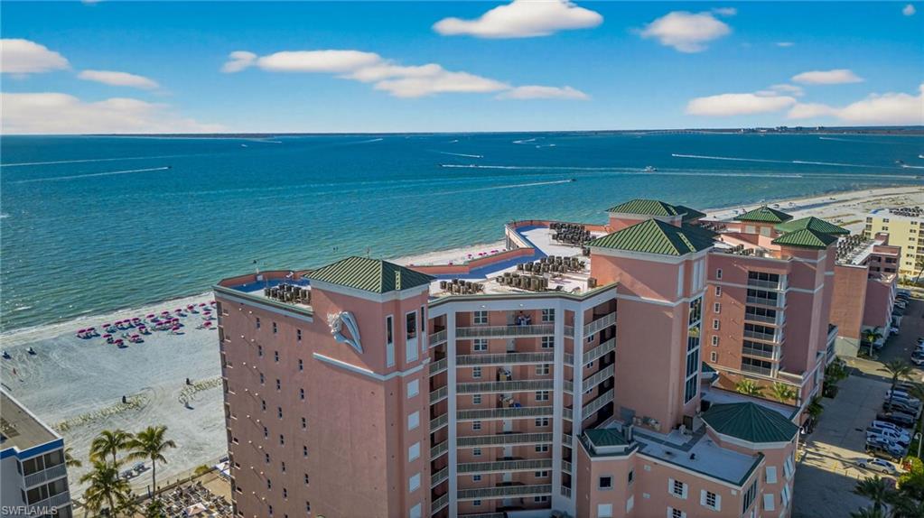 Aerial view of a large body of water and apartment complex