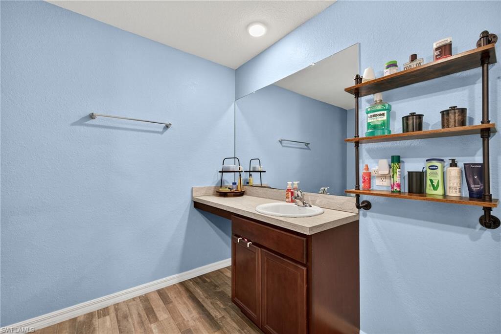 Bathroom with vanity, dark wood-type flooring, and a textured wall