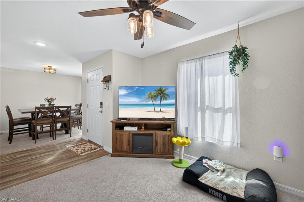 Carpeted living area with ceiling fan and wood finished floors