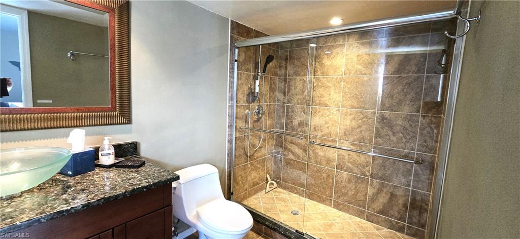 Bathroom with vanity, toilet, and walk in shower